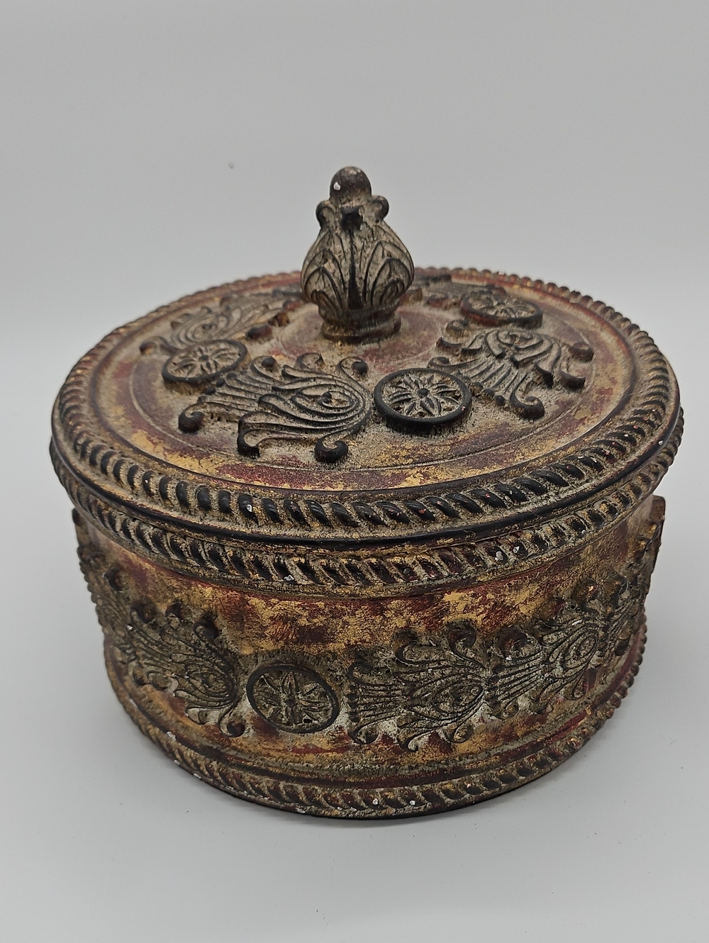 Ornate Round Decorative Trinket Box - Red and Gold